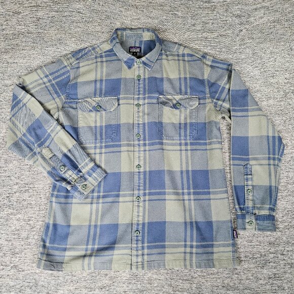 Patagonia Organic Cotton Flannel Blue/Green Long Sleeve Button Up Shirt Men XL - Picture 1 of 11